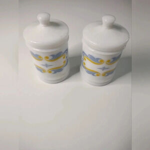 Vtg. Merck Sharp & Dohme white milk glass apothecary jars (set of 2) spice jars